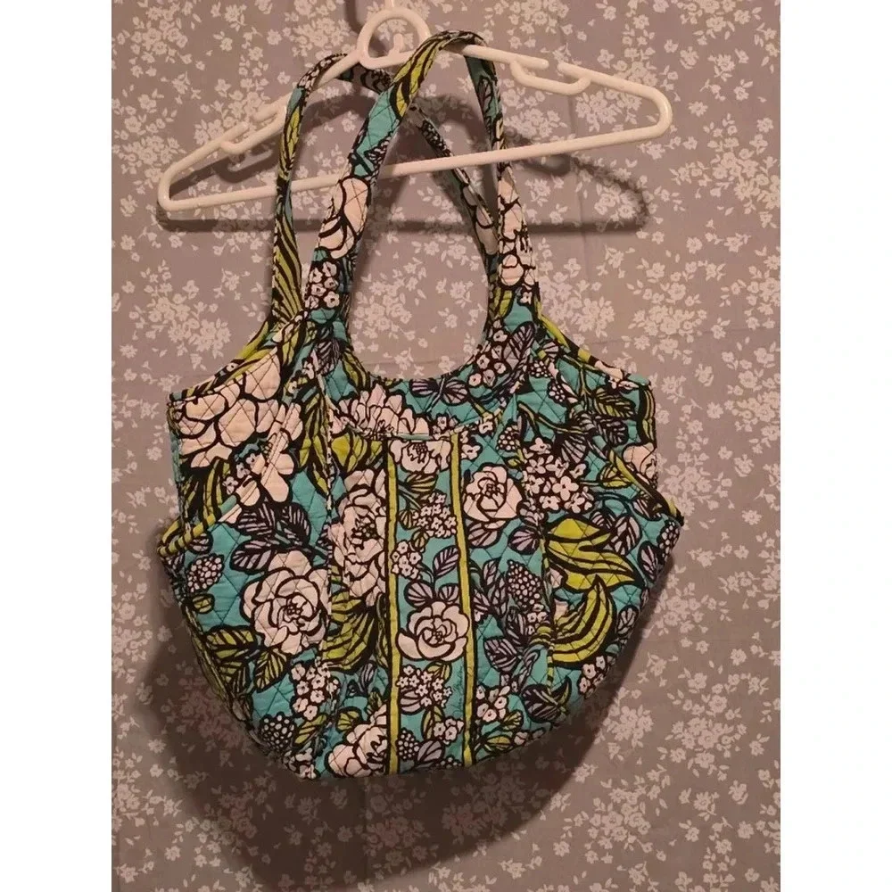 Vera Bradley Womens Tote Bag Island Bloom Teal‎ and Lime Green with Makeup Bag